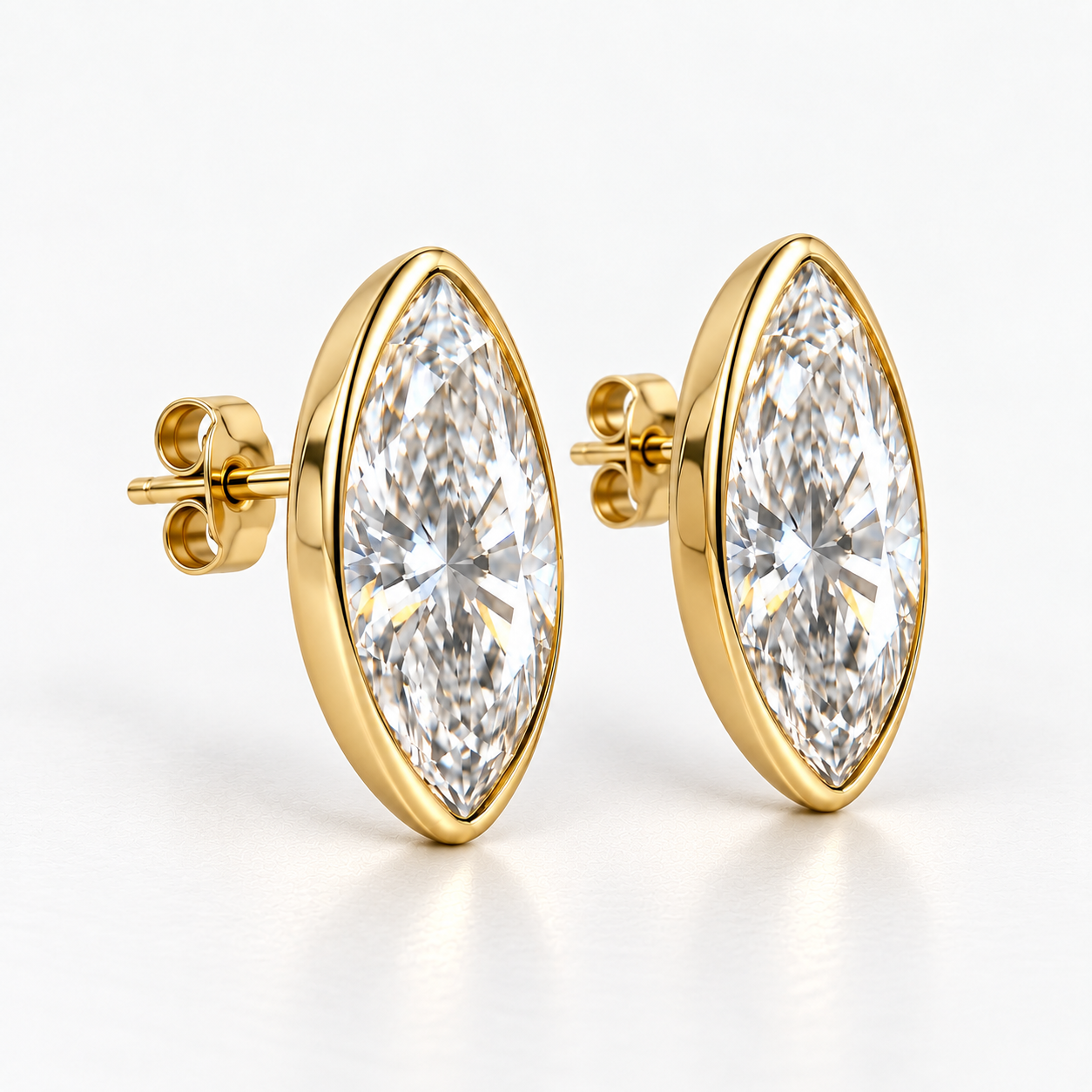 Lab Grown Diamond Moval Cut Modified Brilliant Cut Bezel Stud Earrings IGI Certified in 14K Yellow Gold