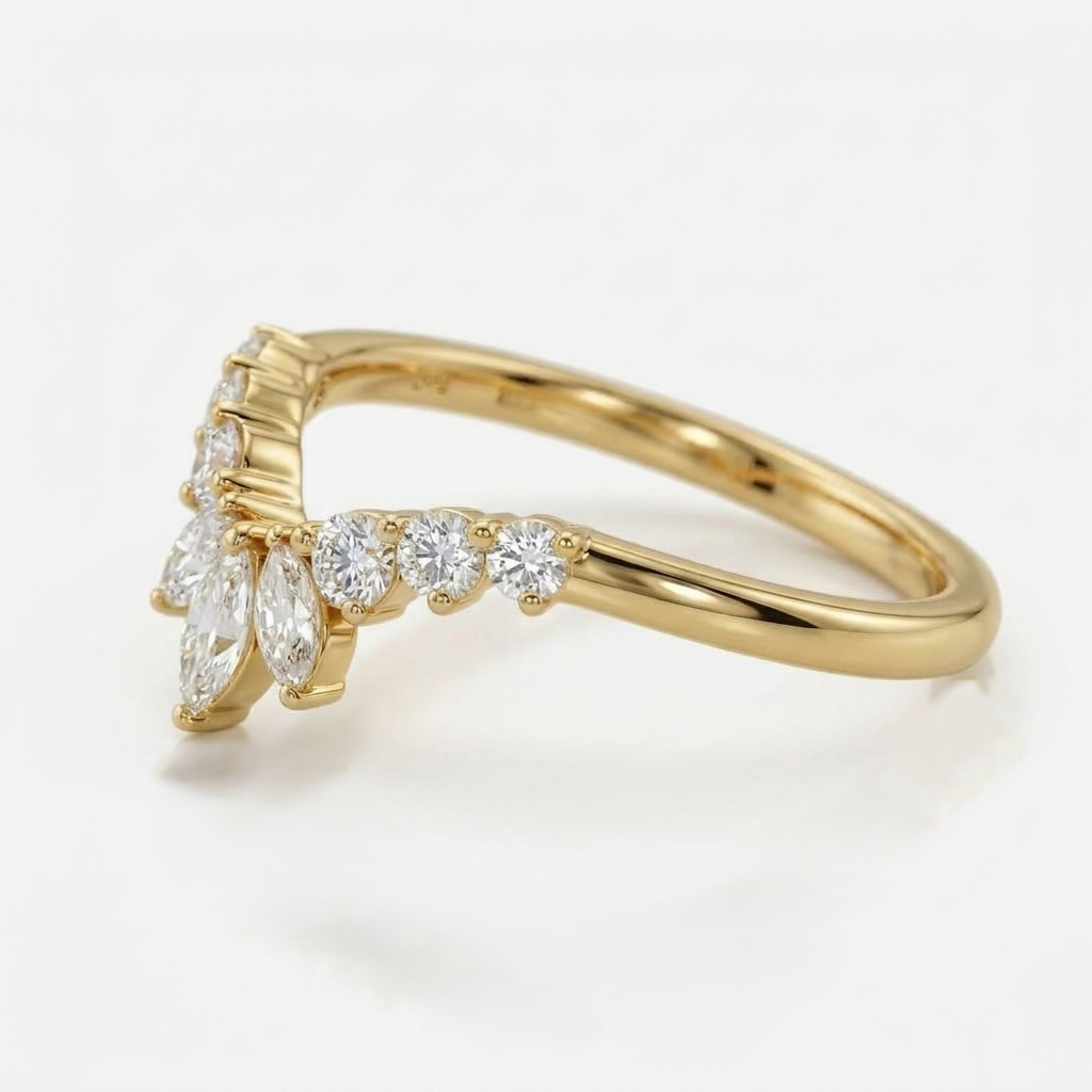 Lab Grown Diamond   Marquise Cut with Round Diamond Side Accents in Pavé Chevron V-Band   Engagement Ring IGI Certified in 14K Yellow Gold