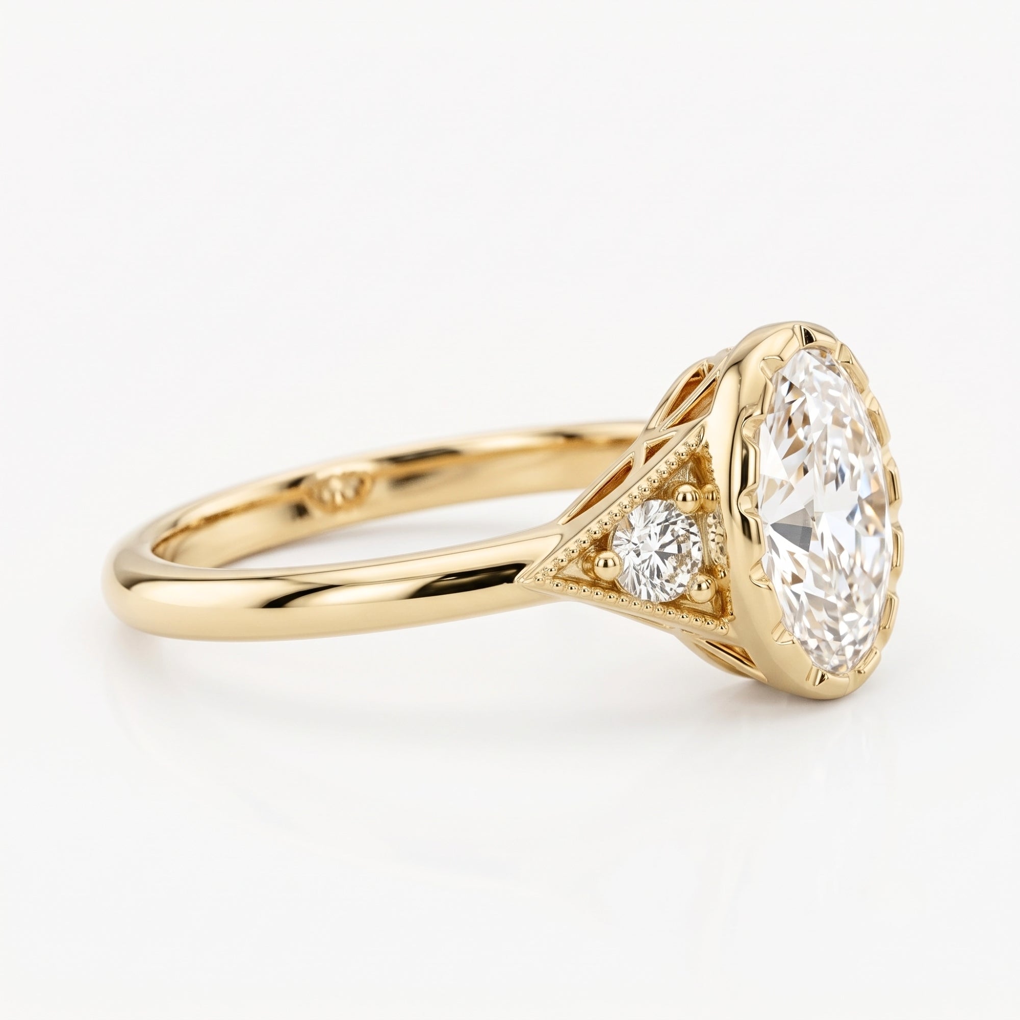 Lab Grown Diamond Oval Cut Vintage Milgrain Bezel Three-Stone Engagement Ring with Round Side Accents IGI Certified in 14K Yellow Gold