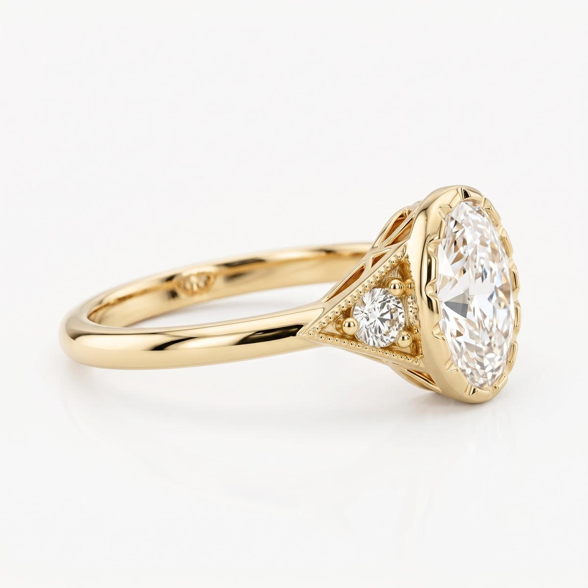 Lab Grown Diamond Oval Cut Vintage Milgrain Bezel Three-Stone Engagement Ring with Round Side Accents IGI Certified in 14K Yellow Gold
