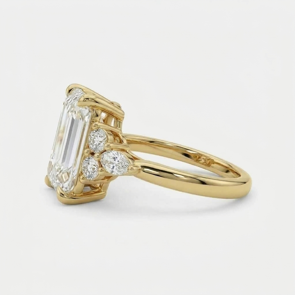 Lab Grown Diamond Emerald Cut Engagement Ring with Marquise & Round Side Stones IGI Certified in 14K Yellow Gold