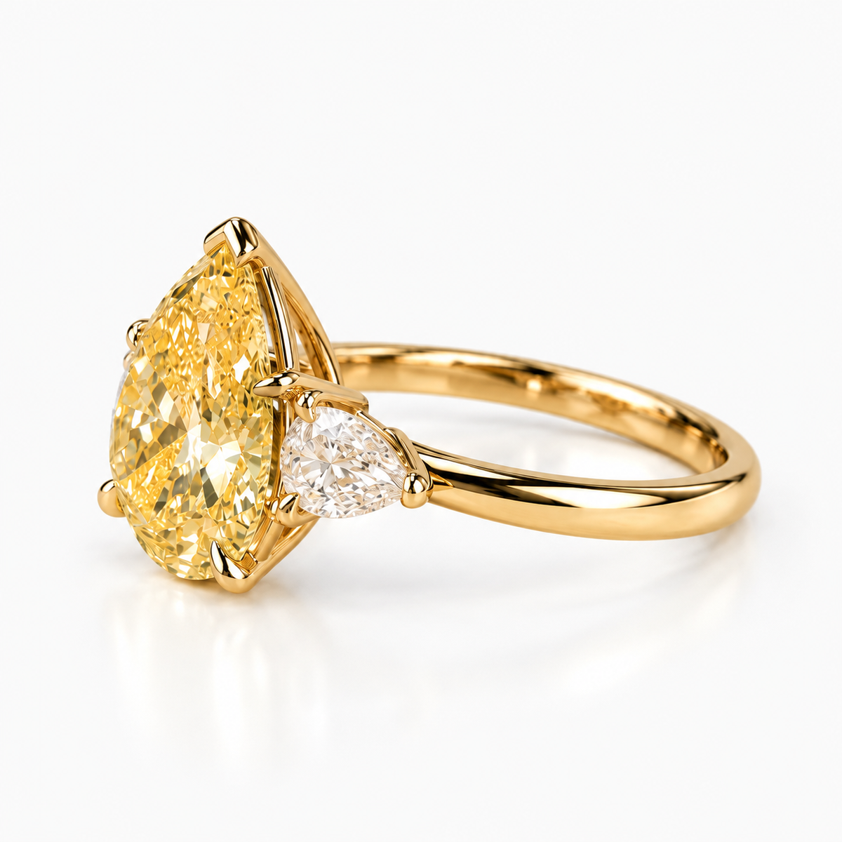 Pear Cut Fancy Yellow Diamond Three Stone Engagement Ring in 14K Yellow Gold