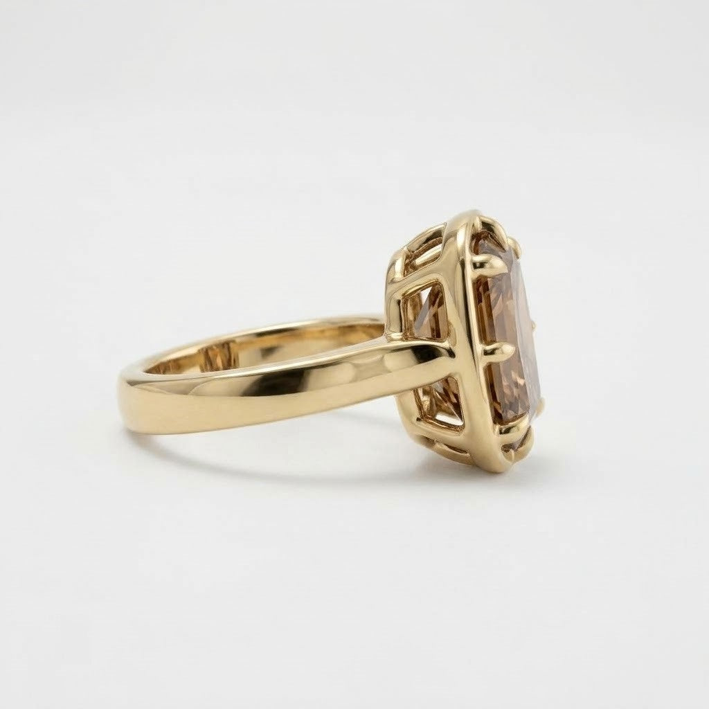 Lab Grown Diamond Fancy Champagne Old Mine Cushion Cut Multi-Prong Bezel Frame Solitaire Engagement Ring IGI Certified in 14K Yellow Gold
