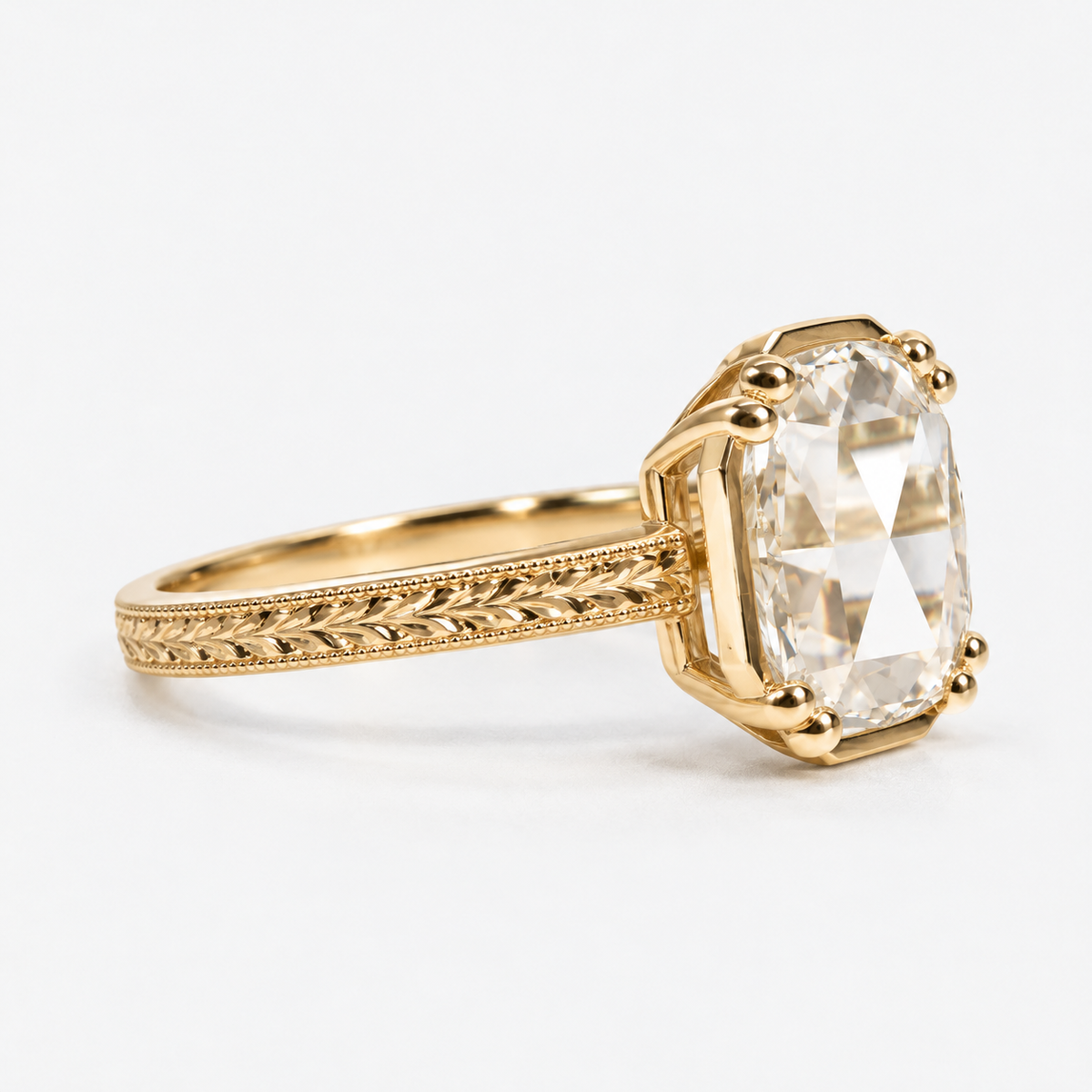 Lab Grown Diamond Elongated Cushion Portrait Cut Lab Grown Diamond Vintage Solitaire Engagement Ring with Ornate Leaf Engraved Band, Milgrain Detailing and Decorative Prong Setting in 14K Yellow Gold