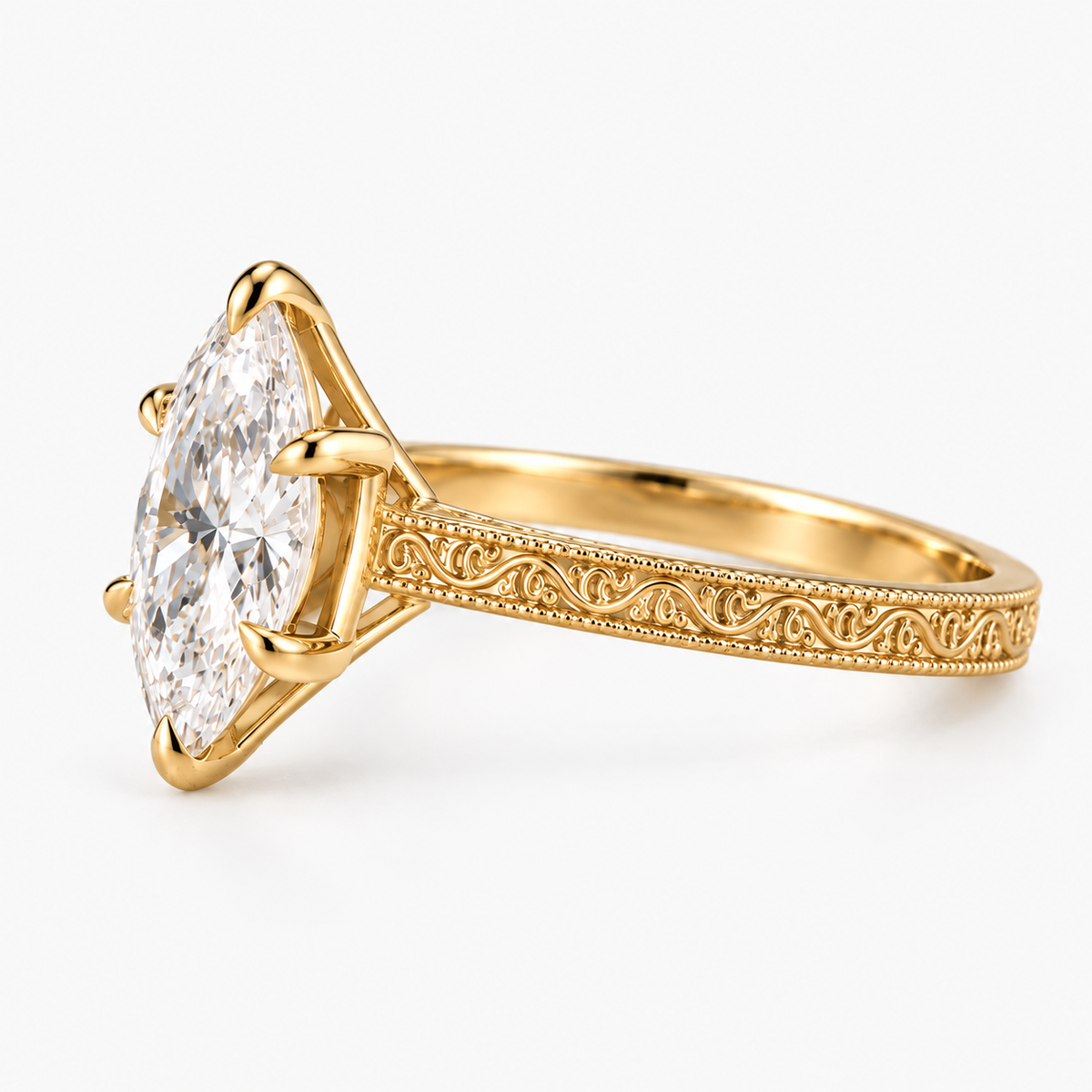 Marquise Cut Lab Grown Diamond Vintage Filigree Engagement Ring in 14K Yellow Gold