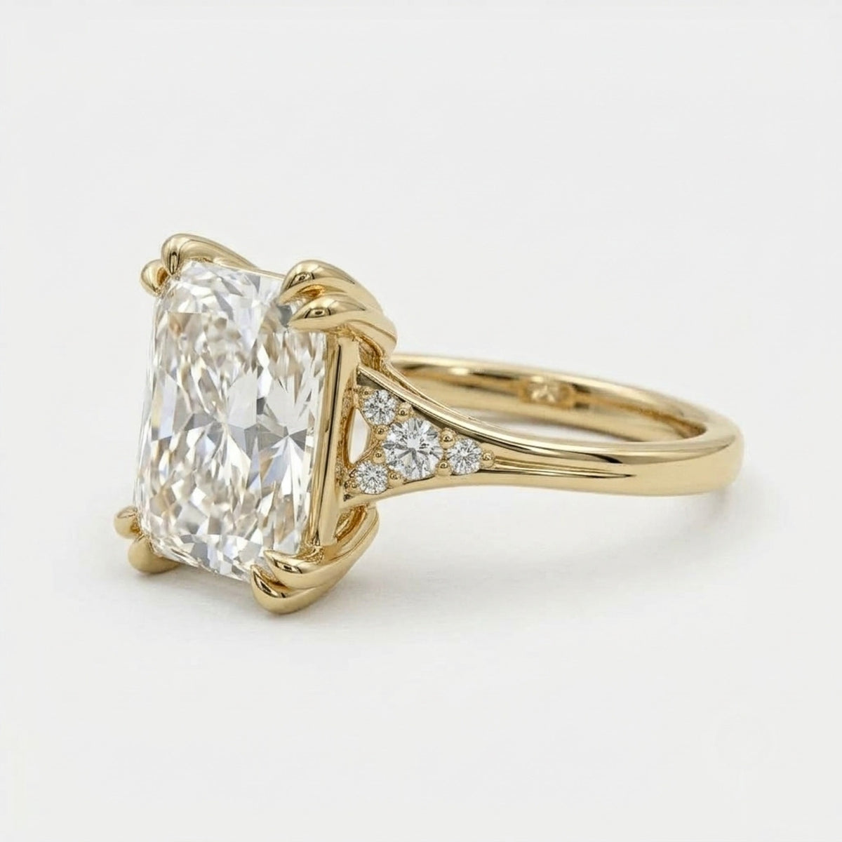 Lab Grown Diamond Radiant Cut Engagement Ring with Round Diamond Side Accents IGI Certified in 14K Yellow Gold