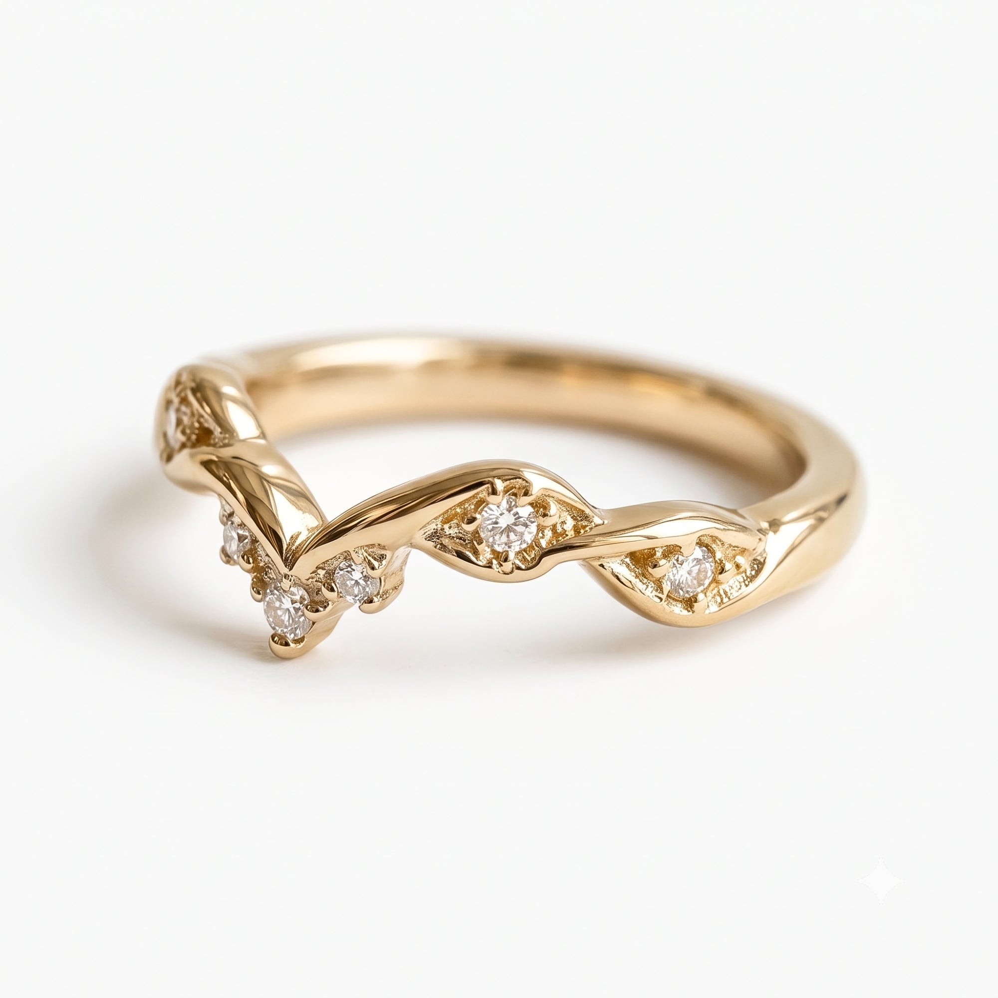Lab Grown Diamond V-Shaped Chevron Wedding Band with Sculptural Gold Design and Round Diamond Accents in 14K Yellow Gold