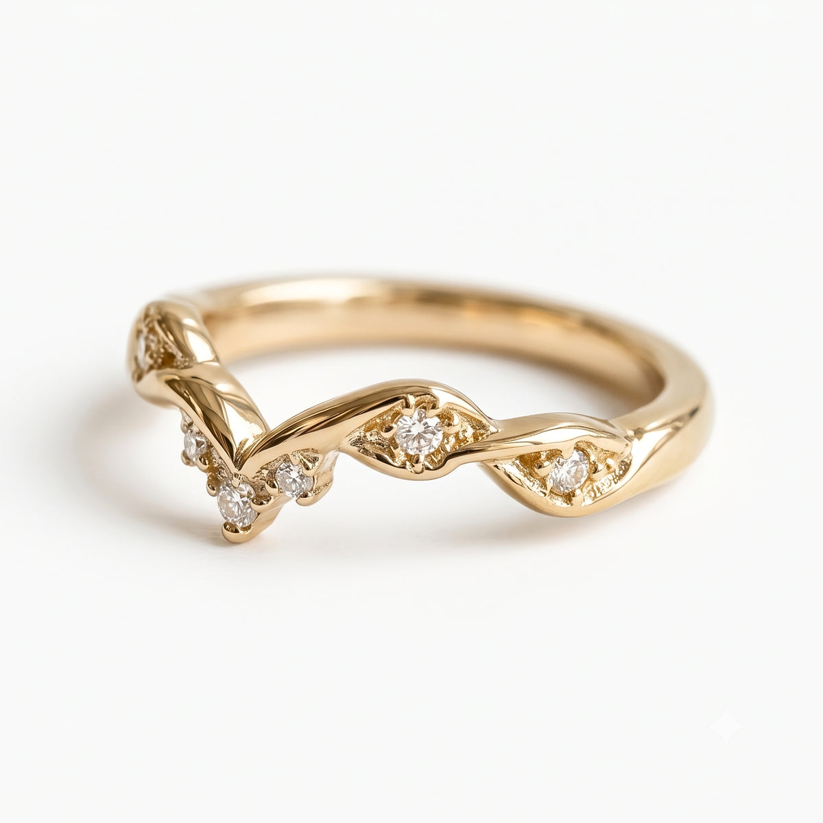 Lab Grown Diamond V-Shaped Chevron Wedding Band with Sculptural Gold Design and Round Diamond Accents in 14K Yellow Gold