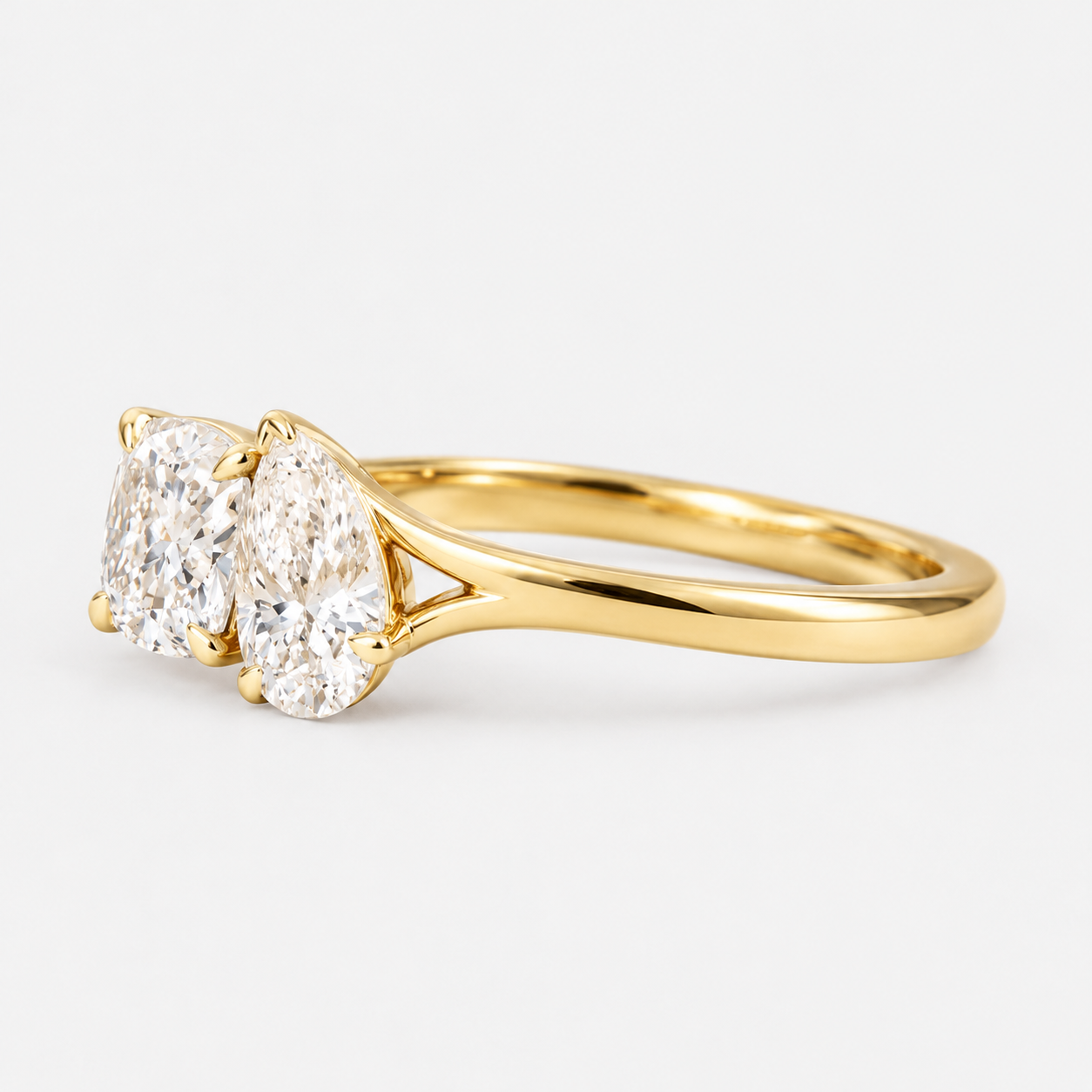 Toi et Moi Cushion and Pear Cut Diamond Engagement Ring in 14K Yellow Gold