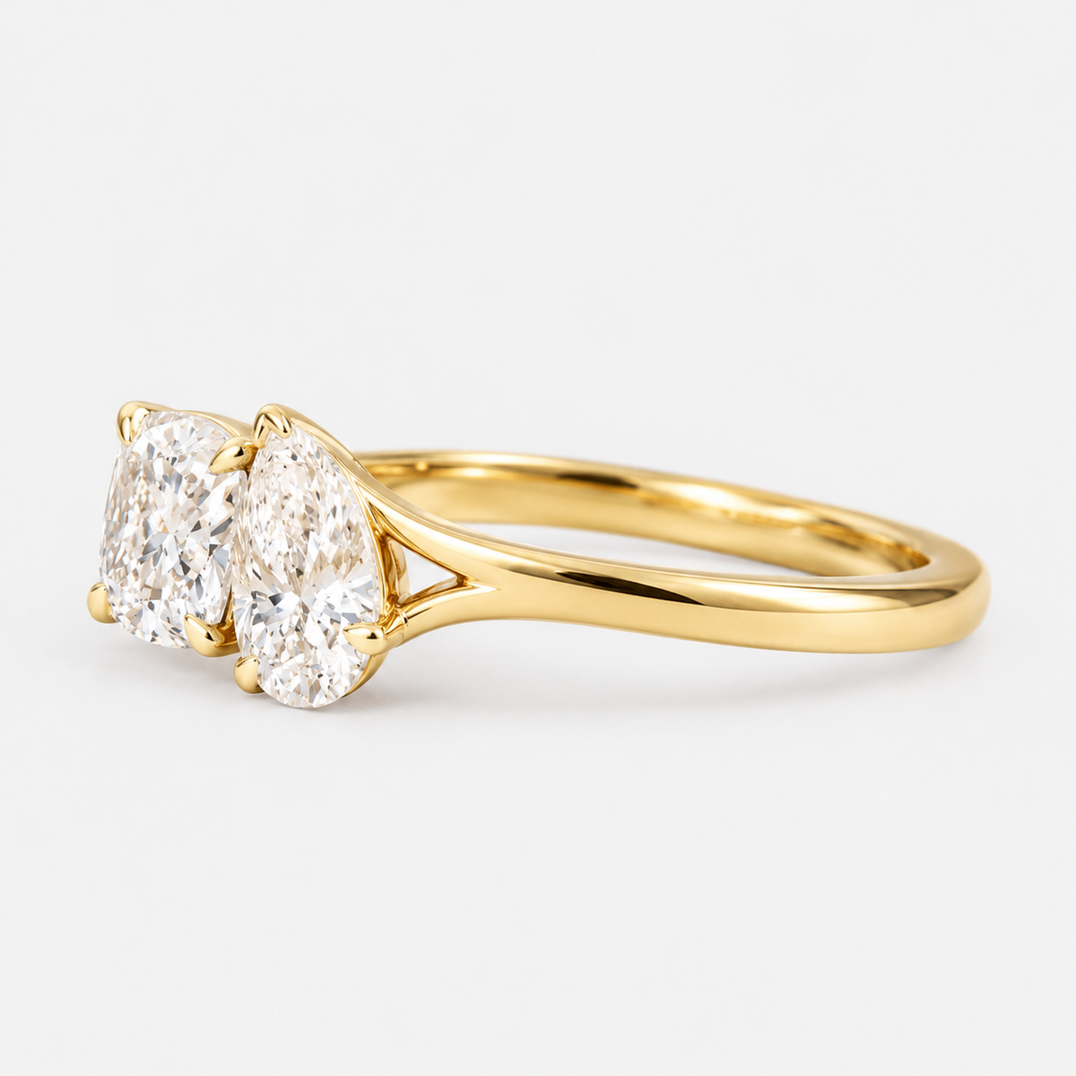 Toi et Moi Cushion and Pear Cut Diamond Engagement Ring in 14K Yellow Gold
