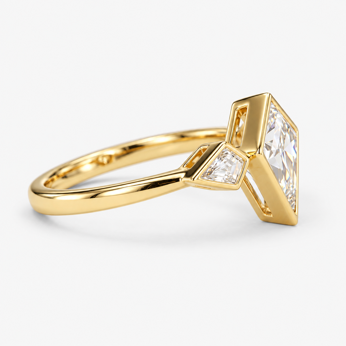 Lab Grown Diamond Kite Cut Bezel Three-Stone Ring with Kite Side Accents Engagement Ring IGI Certified in 14K Yellow Gold