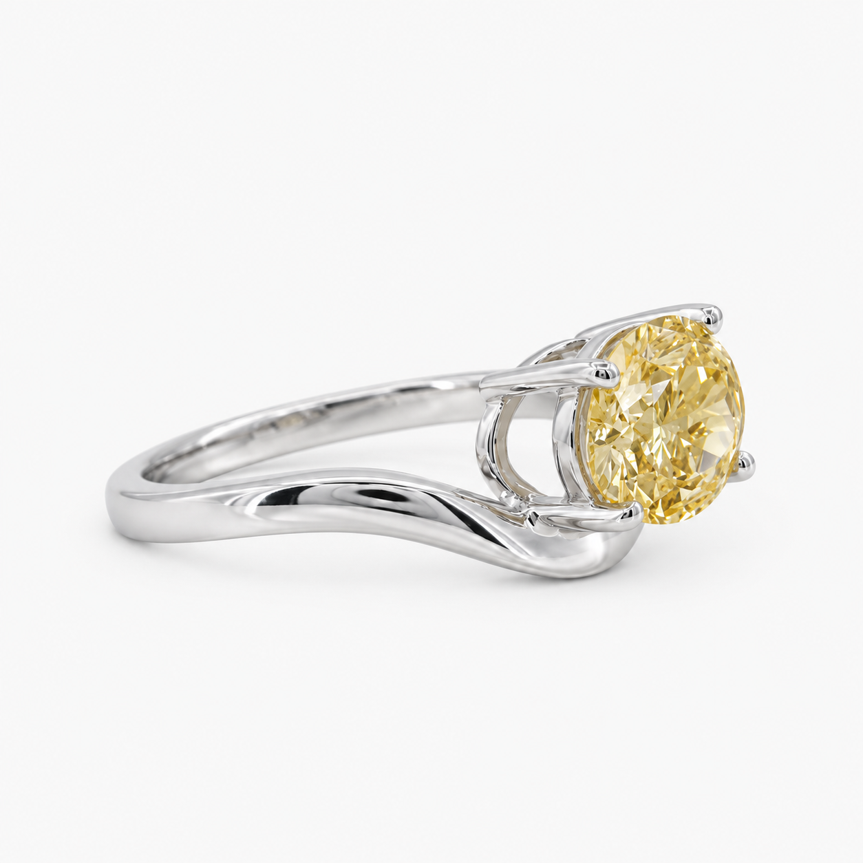 Lab Grown Diamond Fancy Intense Yellow Oval Cut East-West Four-Prong Curved V-Contour Solitaire Engagement Ring IGI Certified in 14K Yellow Gold
