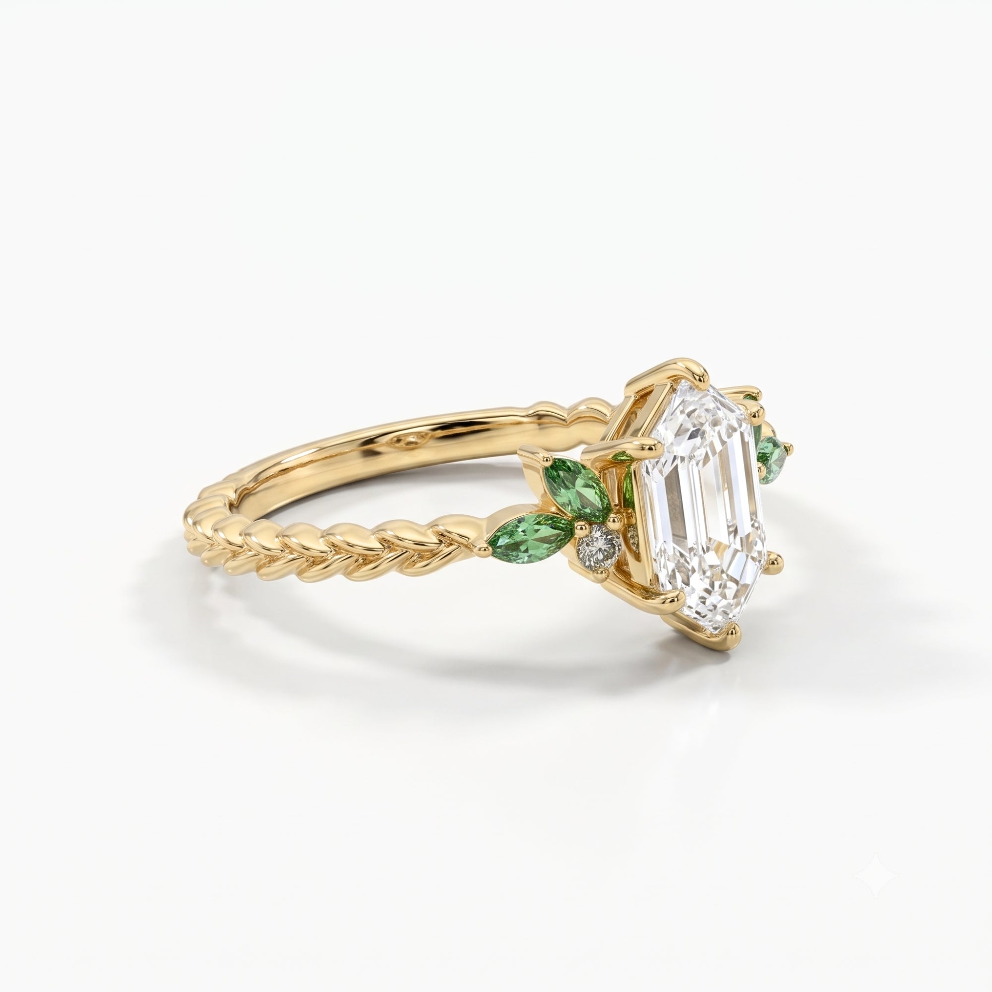 Lab Grown Diamond Elongated Hexagon Step Cut Twisted Braided Rope Engagement Ring with Green Marquise & Round Side Cluster IGI Certified in 14K Yellow Gold