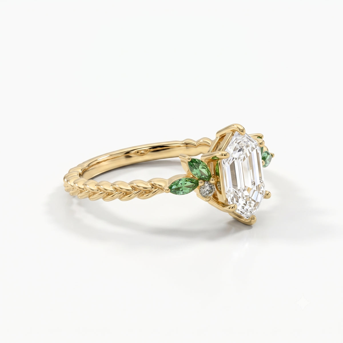 Lab Grown Diamond Elongated Hexagon Step Cut Twisted Braided Rope Engagement Ring with Green Marquise & Round Side Cluster IGI Certified in 14K Yellow Gold