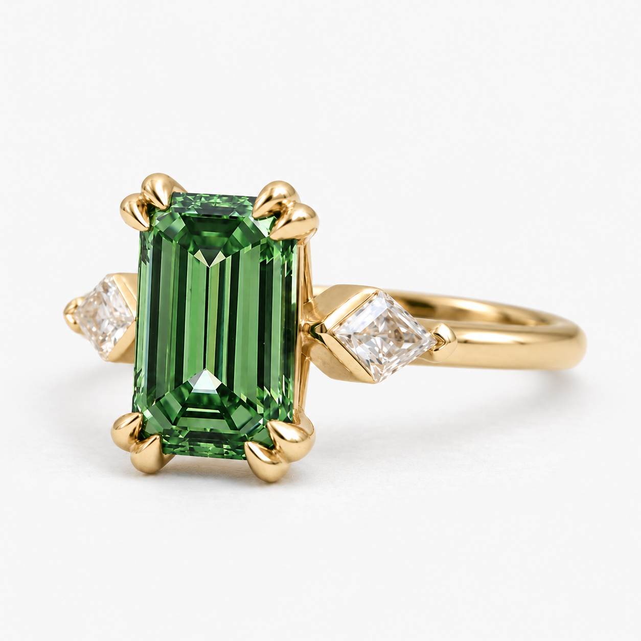 Lab Grown Green Emerald Cut Three Stone Engagement Ring with Trillion Diamond Side Accents in 14K Yellow Gold
