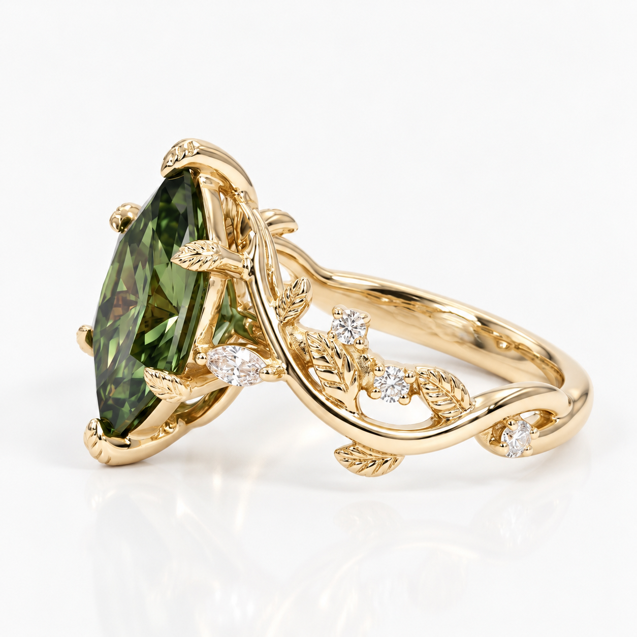 Lab Grown Diamond Green Dutch Marquise Cut with Marquise & Round Diamond Side Accents in Nature-Inspired Band Engagement Ring IGI Certified in 14K Rose Gold