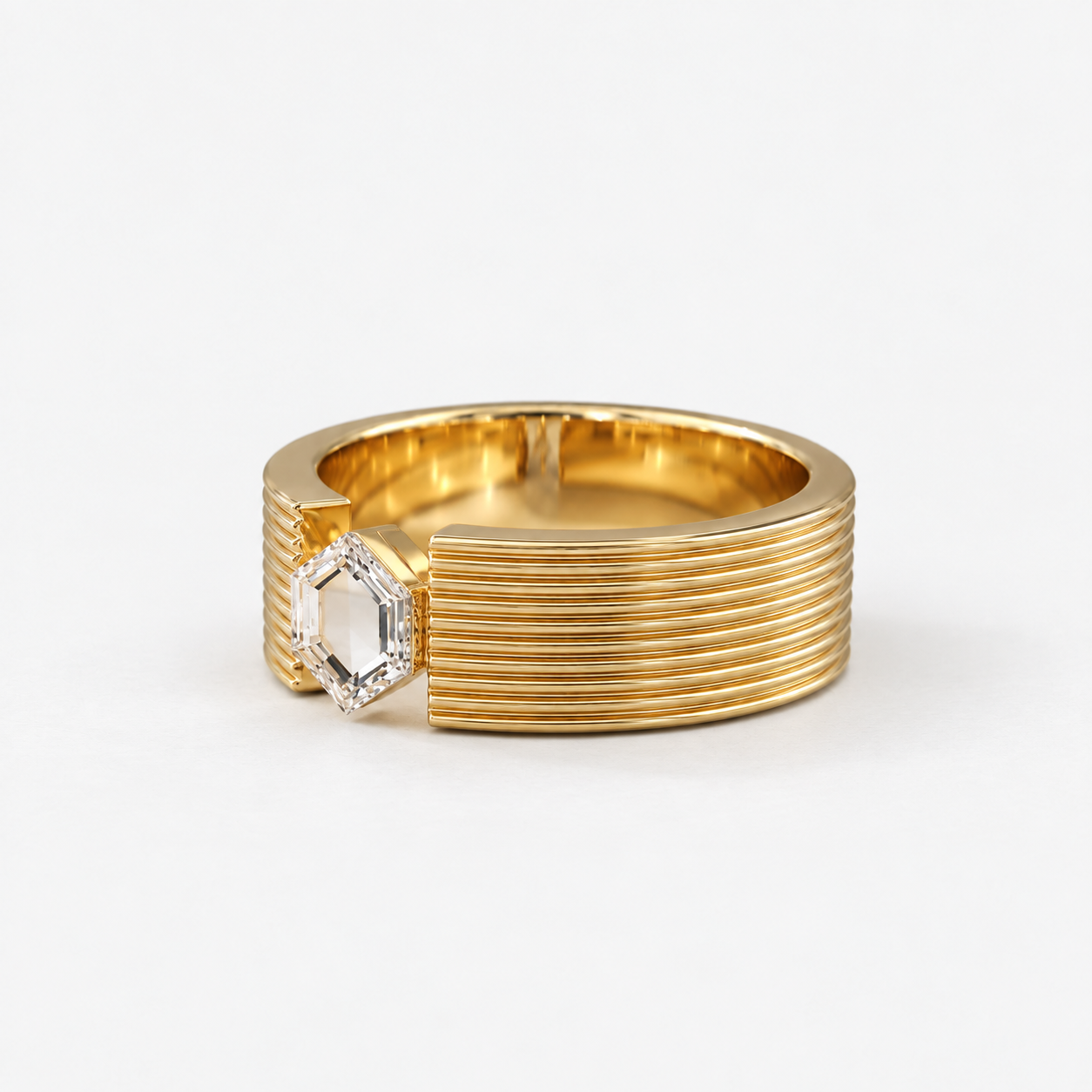 Lab Grown Diamond Hexagon Shaped  Portrait Cut Lab Grown Diamond Statement Ring with Wide Ribbed Cigar Band in 14K Yellow Gold