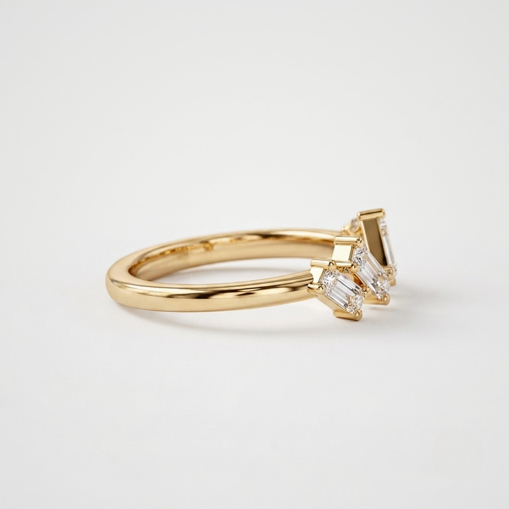Lab Grown Diamond Baguette Cut Open Chevron Wedding Band with Geometric Diamond Accents in 14K Yellow Gold