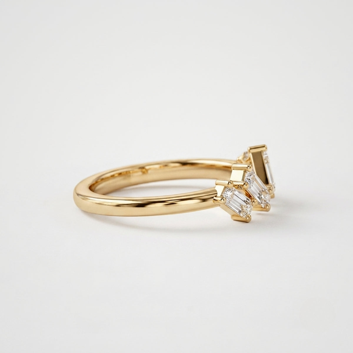 Lab Grown Diamond Baguette Cut Open Chevron Wedding Band with Geometric Diamond Accents in 14K Yellow Gold
