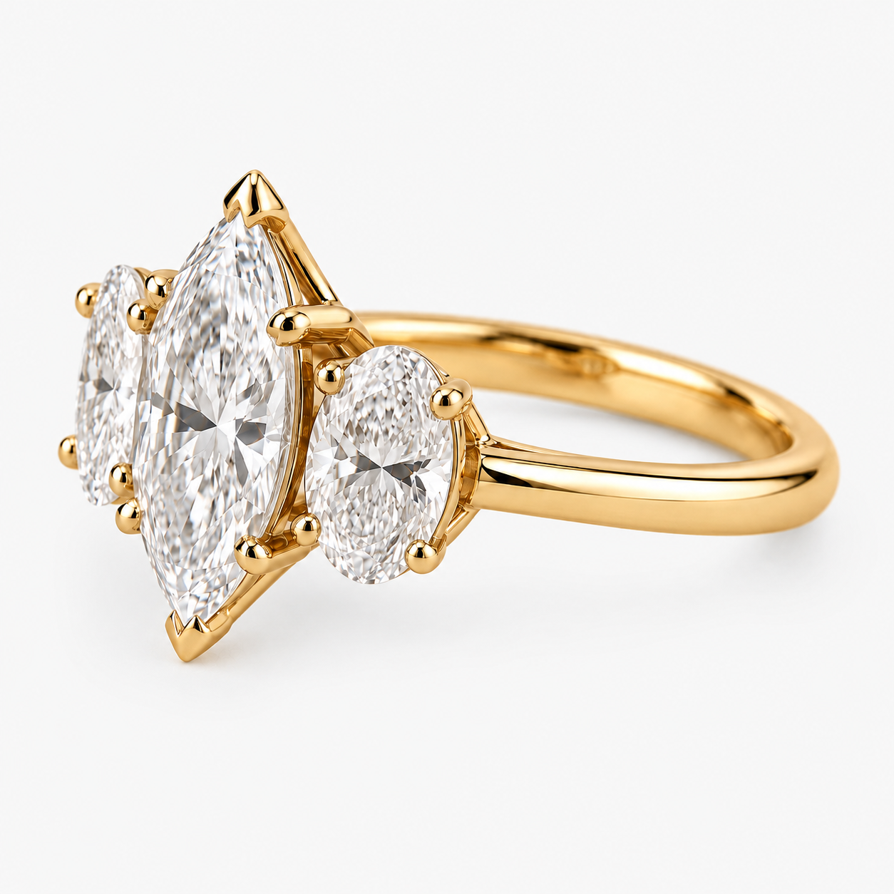 Lab Grown Diamond Marquise Cut Three Stone Engagement Ring with Oval Side Stones in 14K Yellow   Gold (Copy)