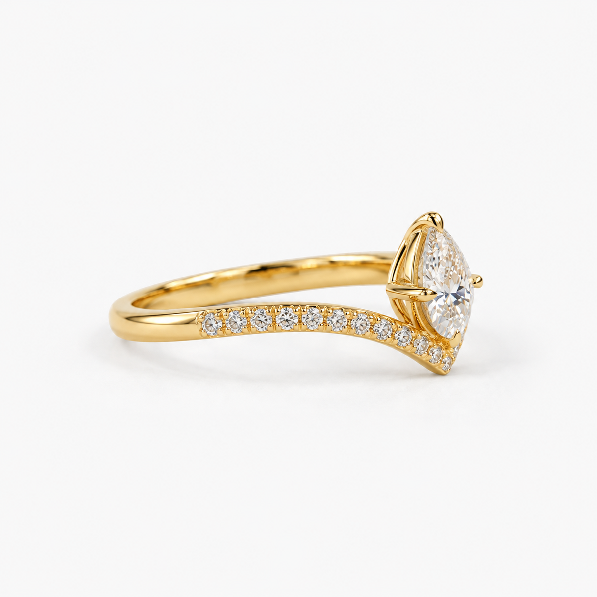 Lab Grown Diamond Pear Cut Pave Chevron V-Band Engagement Ring IGI Certified in 14K Yellow Gold