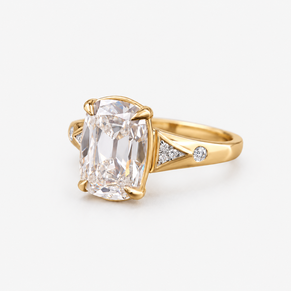 Lab Grown Diamond Elongated Cushion Crushed Ice Cut Vintage Tapered Triangular Shoulder Engagement Ring with Round Side Accents IGI Certified in 14K Yellow Gold