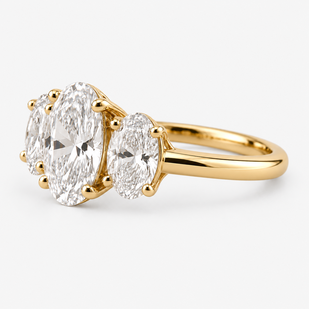 Lab Grown Diamond Oval Cut Three Stone Engagement Ring with Oval Side Stones in 14K Yellow Gold