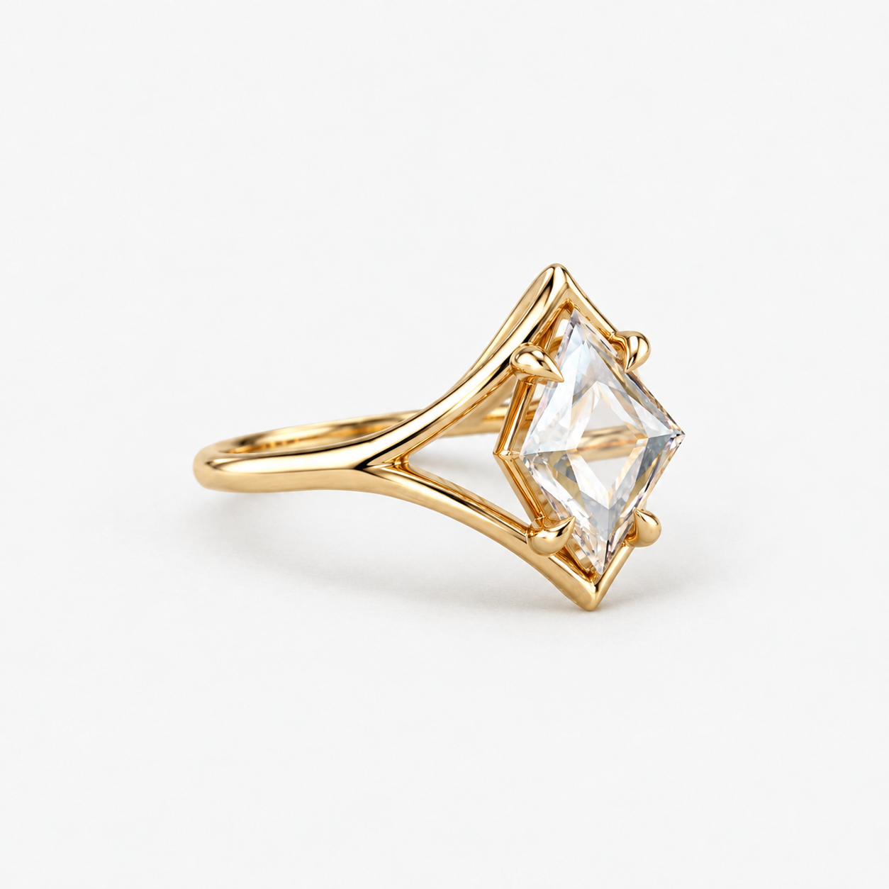 Lab Grown Diamond Square Portrait Point-Set Geometric Floating Frame Solitaire Engagement Ring IGI Certified in 14K Yellow Gold