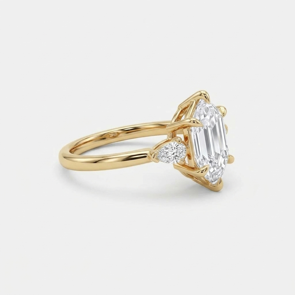 Lab Grown Diamond Elongated Hexagon Cut Three-Stone Pear Side Accent Engagement Ring IGI Certified in 14K Yellow Gold