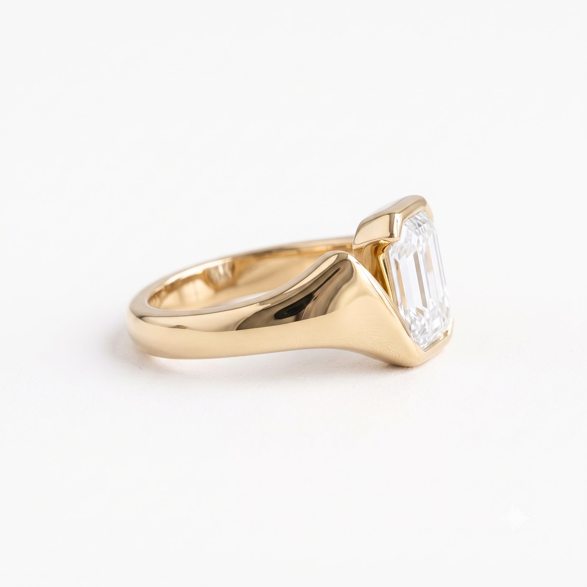 Lab Grown Diamond Emerald Cut Sculptural Bezel Bypass Engagement Ring IGI Certified in 14K Yellow Gold