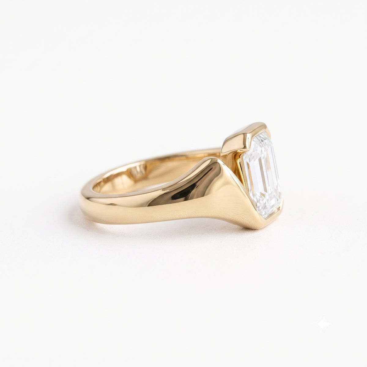 Lab Grown Diamond Emerald Cut Sculptural Bezel Bypass Engagement Ring IGI Certified in 14K Yellow Gold