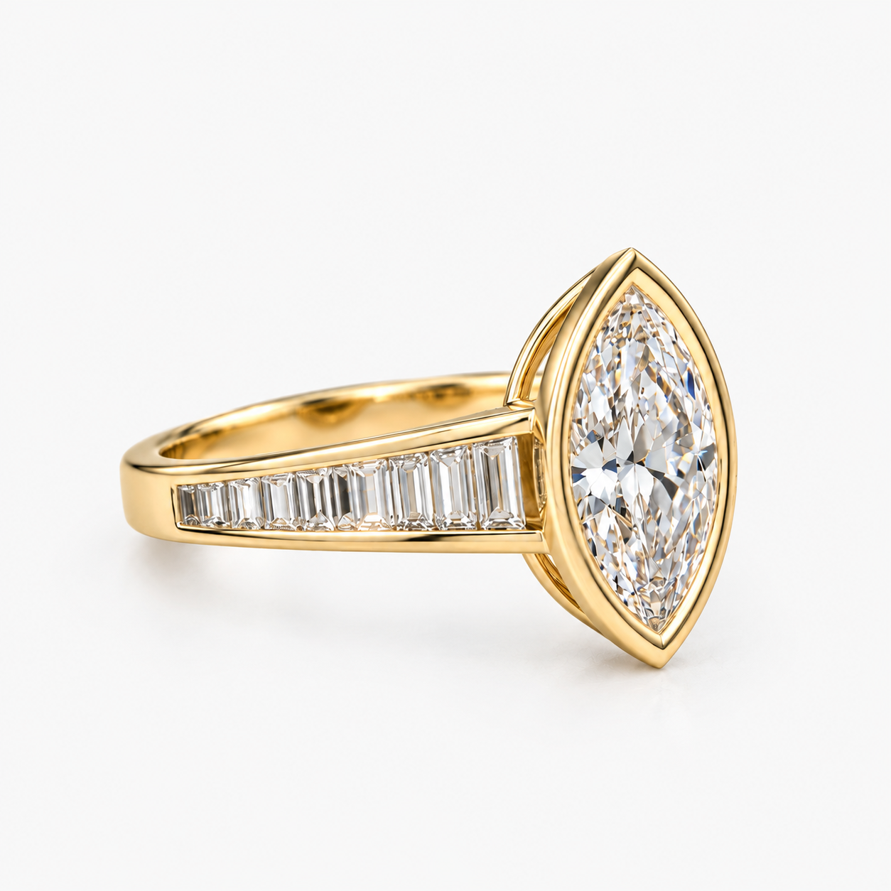 Lab Grown Diamond Marquise Cut Bezel Set Engagement Ring with Baguette Diamond Half Eternity Band in 14K Yellow Gold