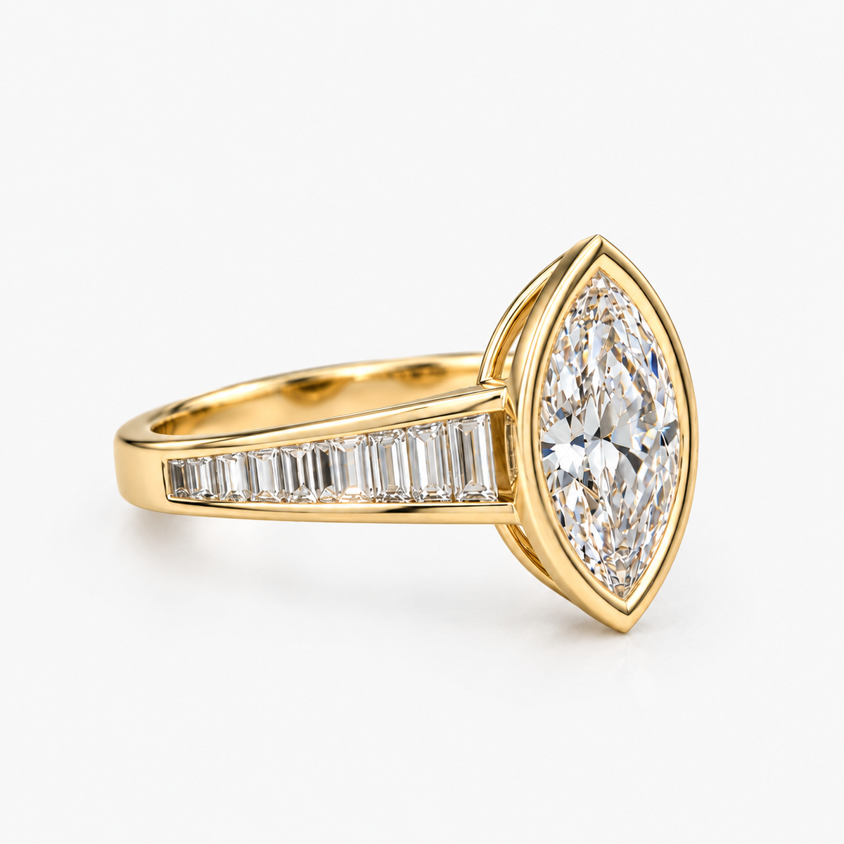 Lab Grown Diamond Marquise Cut Bezel Set Engagement Ring with Baguette Diamond Half Eternity Band in 14K Yellow Gold