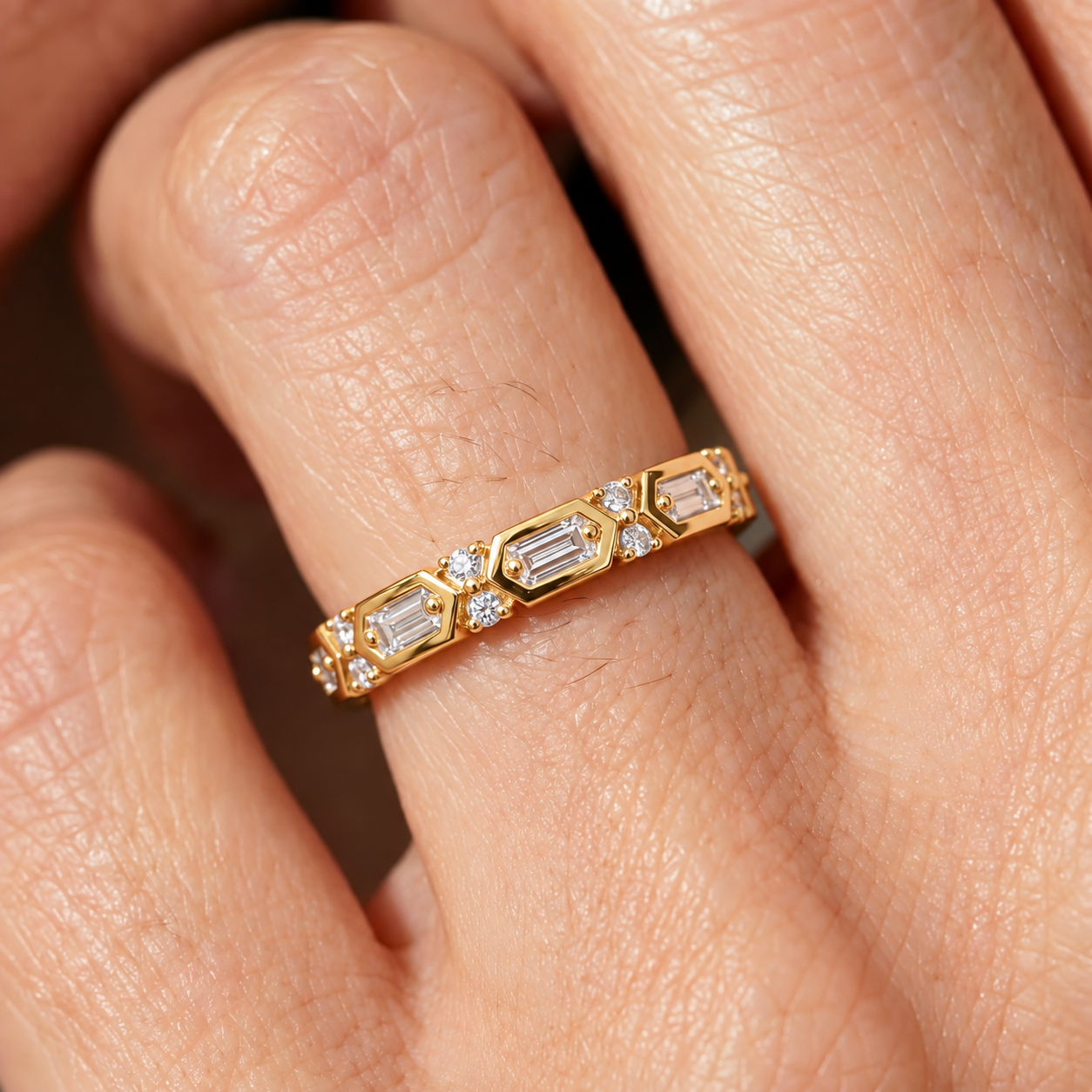 Lab Grown Diamond Geometric Hexagon Baguette Eternity Band Ring in White Gold