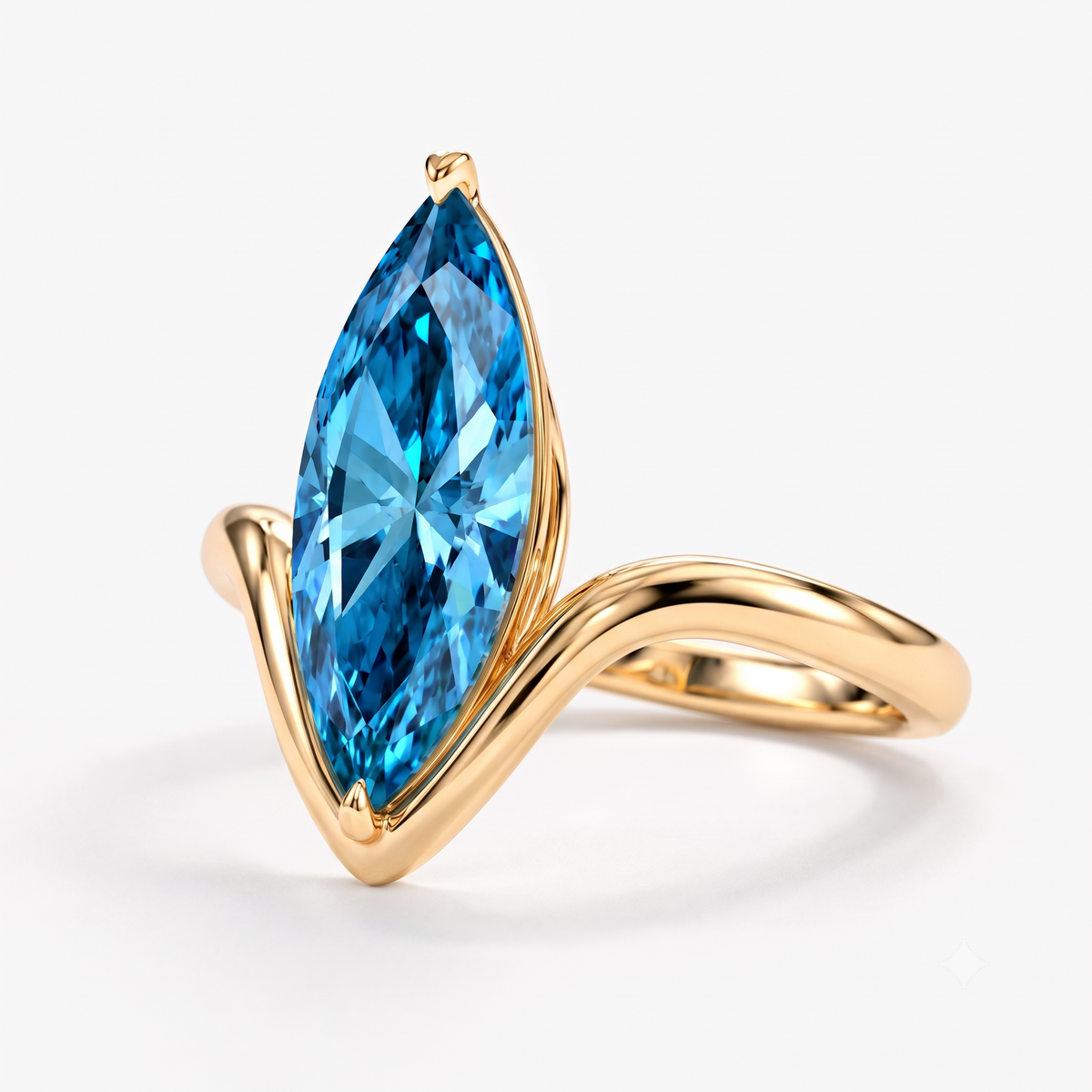 Lab Grown Diamond Fancy Blue Marquise Cut Curved Chevron Pavé Band Engagement Ring IGI Certified in 14K Yellow Gold