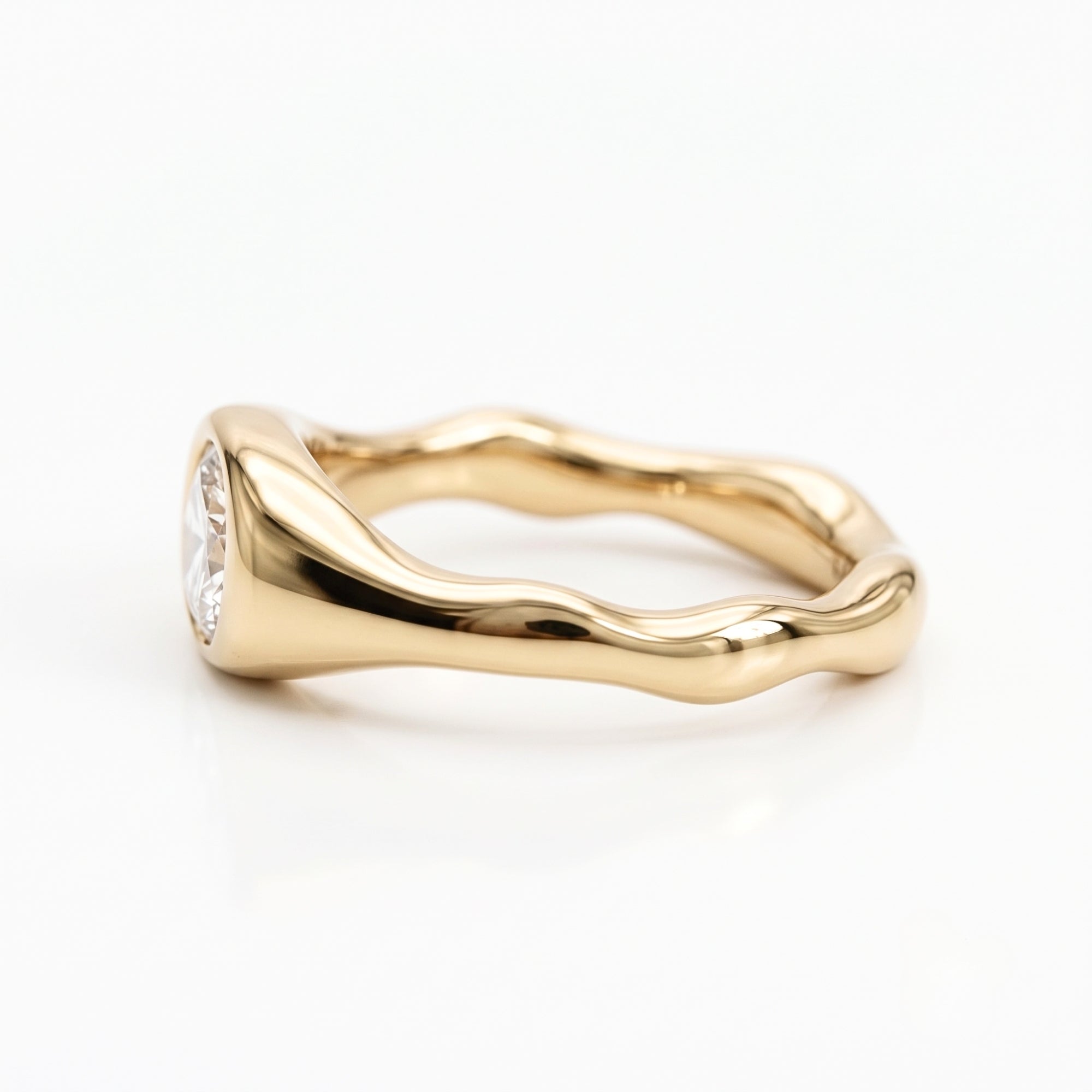 Lab Grown Diamond Oval Brilliant Cut East-West Organic Wavy Bezel Engagement Ring IGI Certified in 14K Yellow Gold