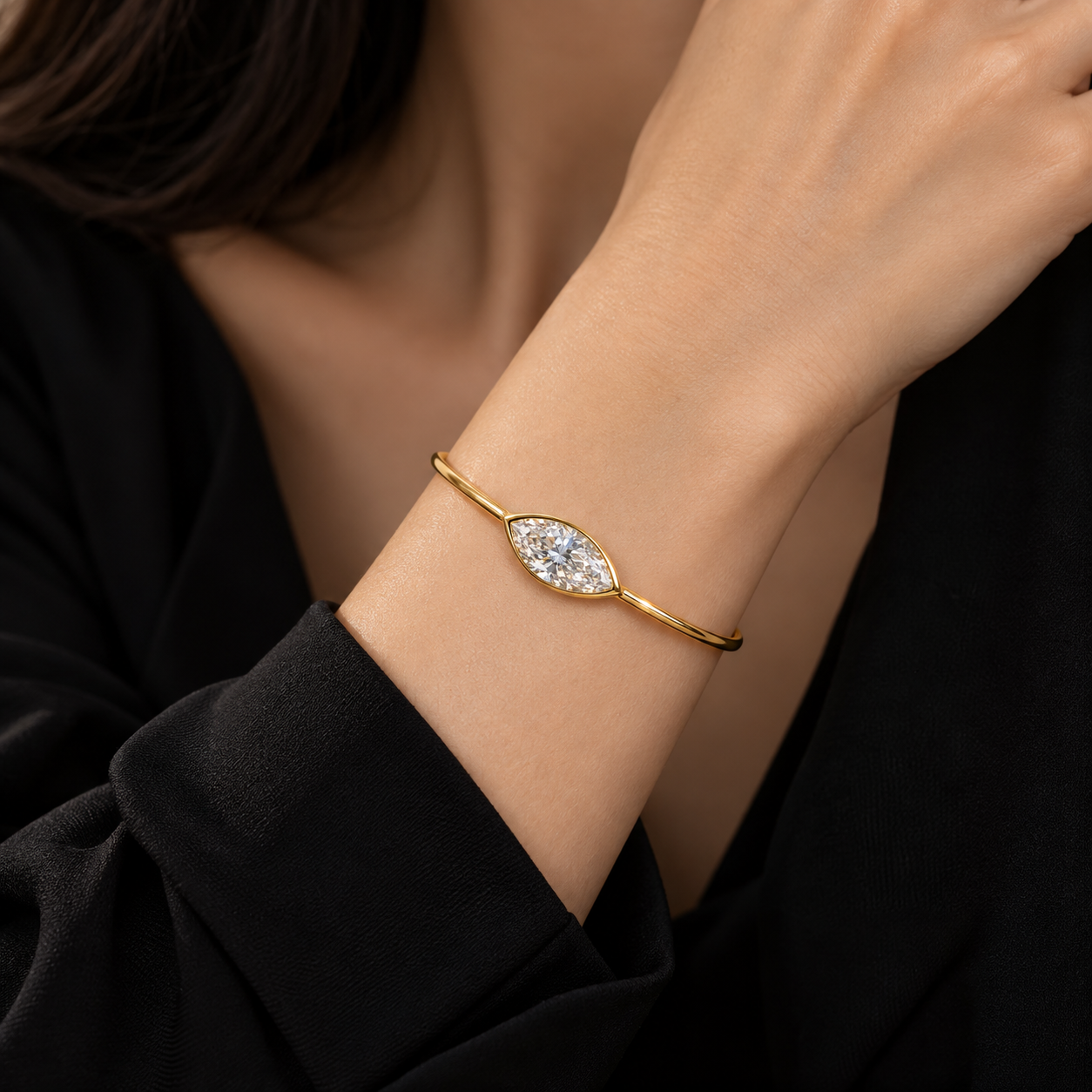 Lab Grown Diamond Marquise Cut East-West Full Bezel Rigid Bangle Bracelet IGI Certified in 14K Yellow Gold