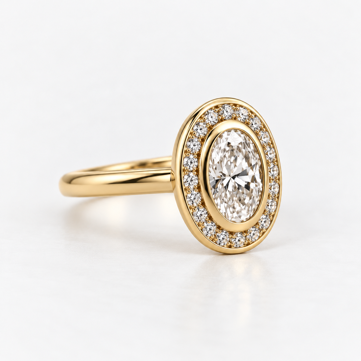 Oval Cut Bezel Halo Lab Grown Diamond Engagement Ring in 14K Yellow Gold