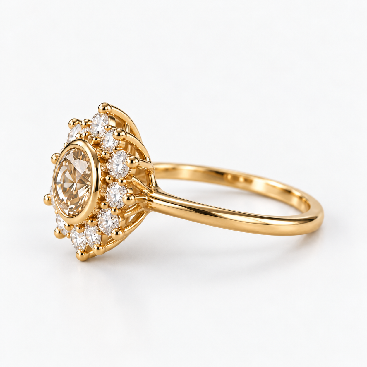 Round Cut Champagne Diamond Halo Engagement Ring with Diamond Cluster in 14K Yellow   Gold