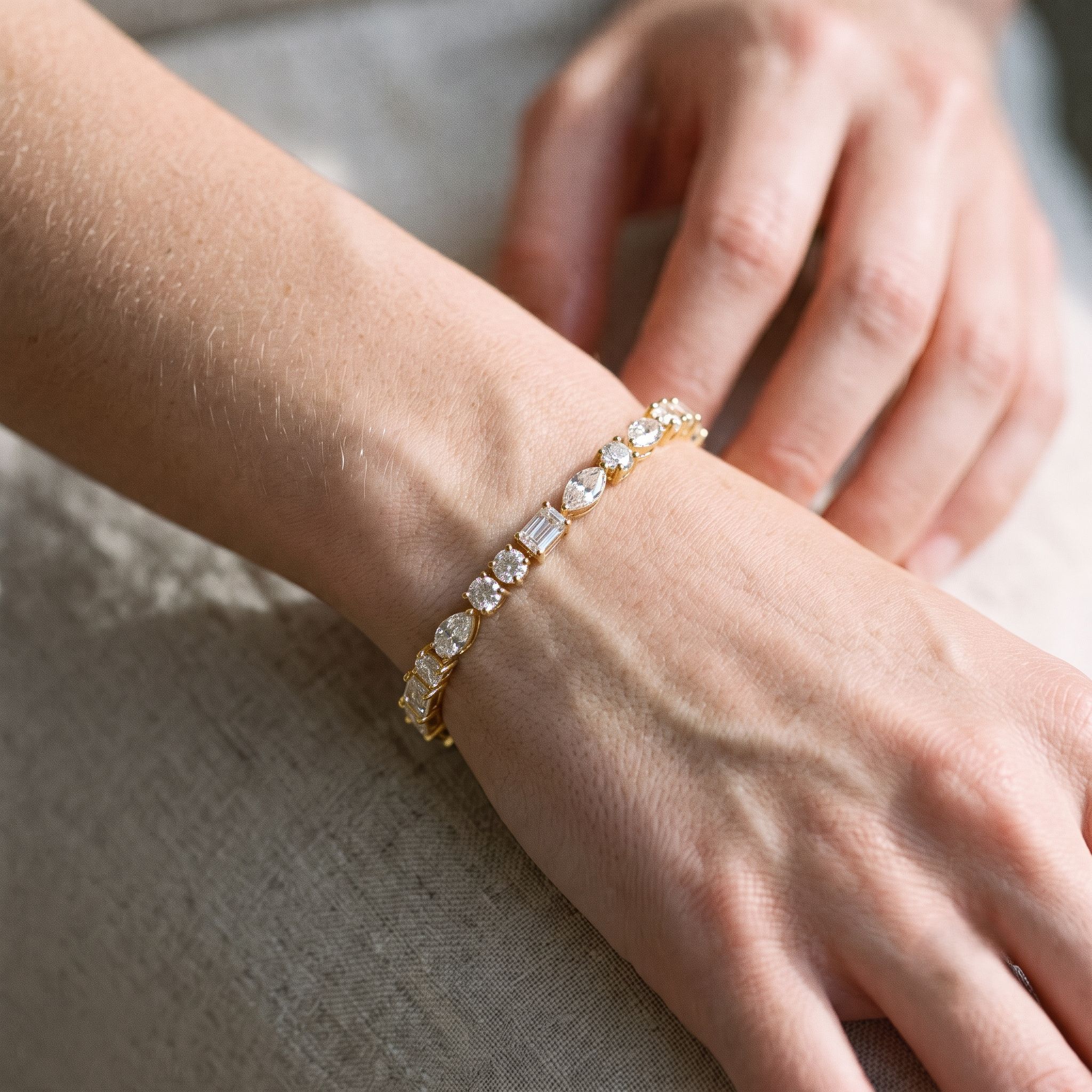 Lab Grown Diamond Multi Shape Bezel and Prong Set Tennis Bracelet in 14K Yellow Gold