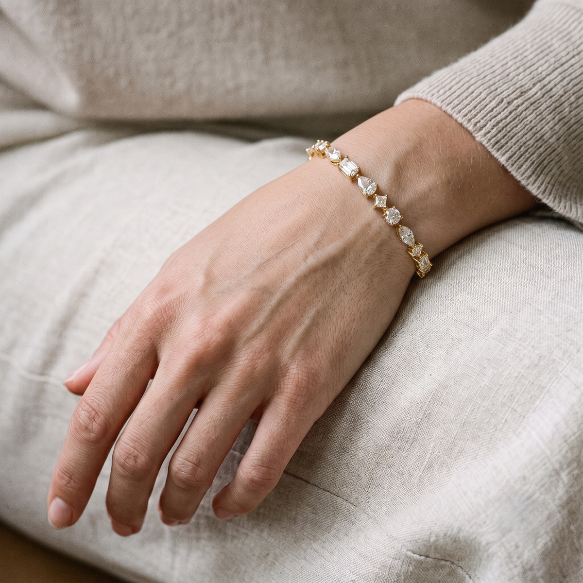 Lab Grown Diamond Multi Shape Bezel and Prong Set Tennis Bracelet in 14K Yellow Gold