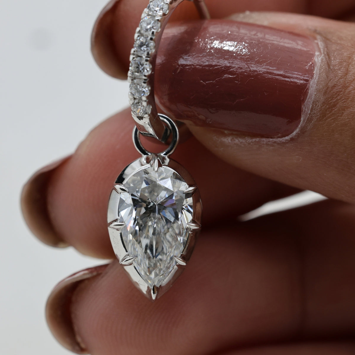 Lab Grown Diamond Pear Cut Diamond Drop Earrings with Pavé Diamond Hoop in 14K White Gold