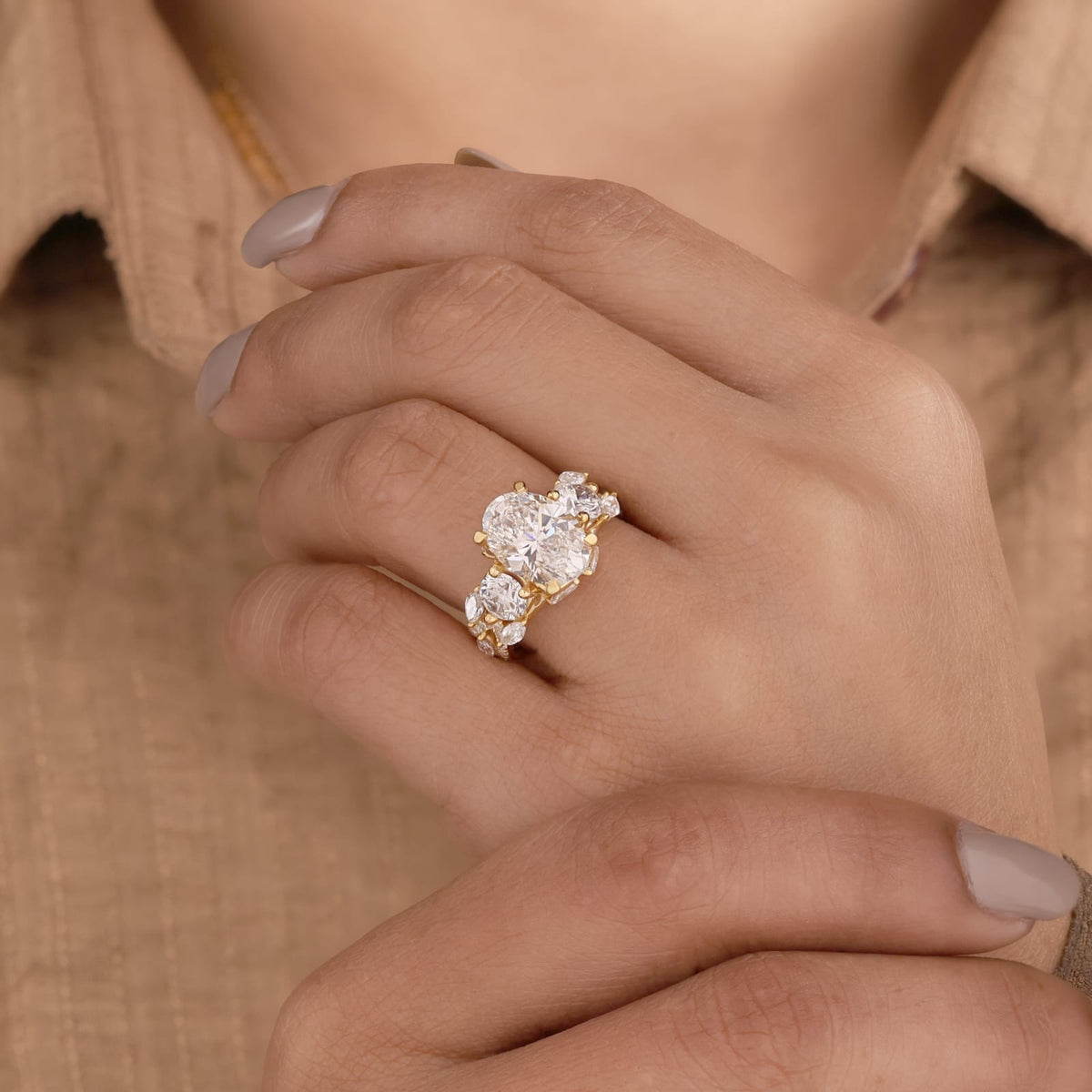 Lab Grown Diamond Oval Brilliant Cut Round and Marquise Cluster Side Accent Engagement Ring IGI Certified in 14K Yellow Gold