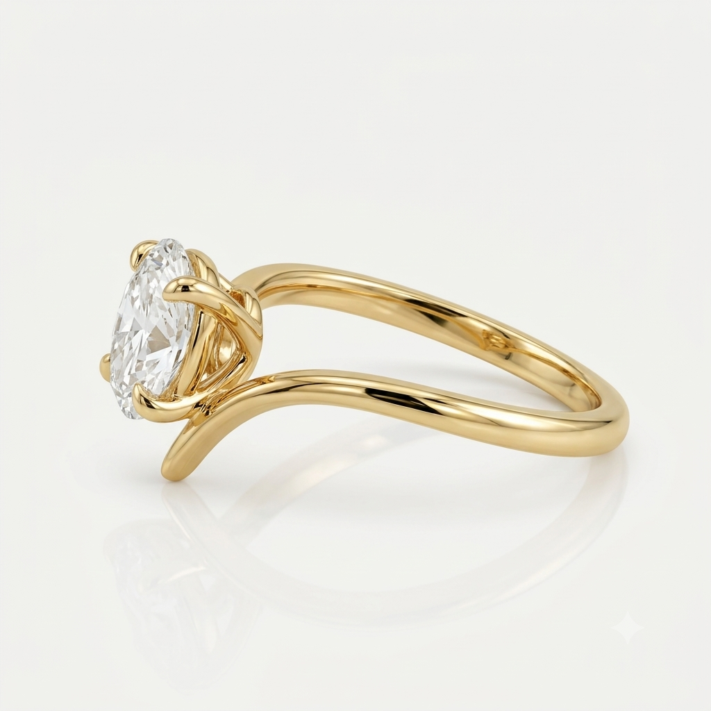 Lab Grown Diamond Oval Cut Chevron Curved Solitaire Engagement Ring IGI Certified in 14K Yellow Gold