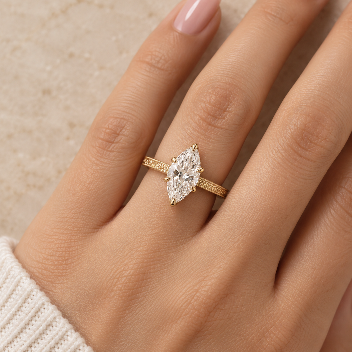 Marquise Cut Lab Grown Diamond Vintage Filigree Engagement Ring in 14K Yellow Gold