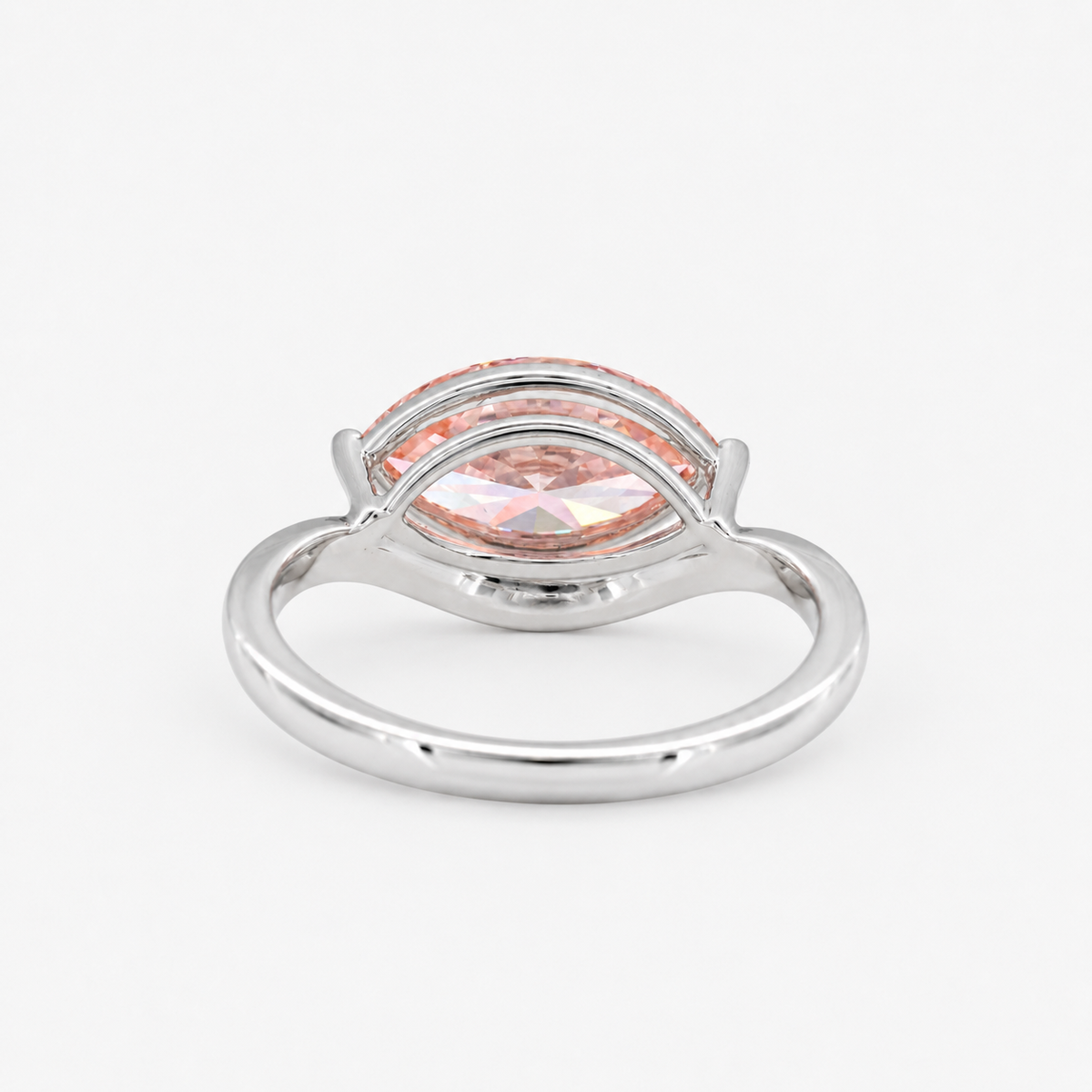 Lab Grown Diamond Fancy Pinkish Peach Marquise Cut East-West V-Contour Half Bezel Solitaire Engagement Ring IGI Certified in 14K Yellow Gold