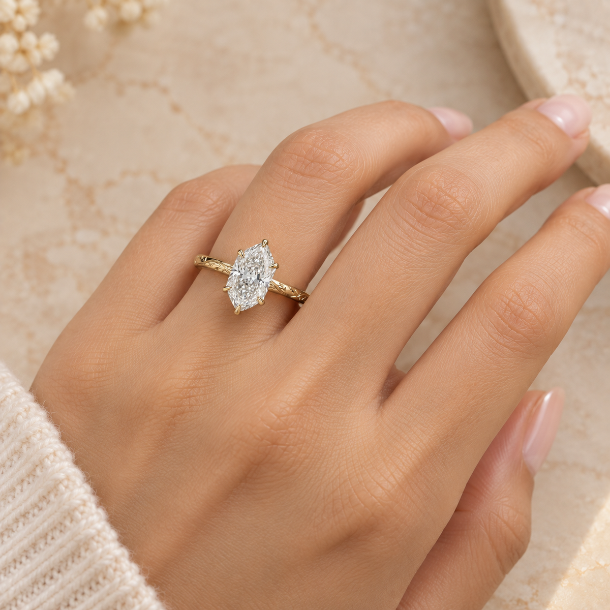 Hexagon Cut Lab Grown Diamond Vintage Floral Engagement Ring in 14K Yellow Gold