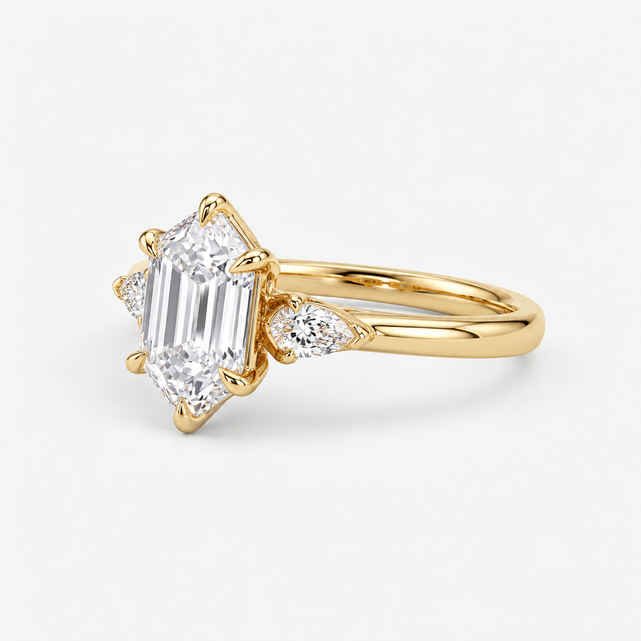 Lab Grown Diamond Elongated Hexagon Cut Three-Stone Pear Side Accent Engagement Ring IGI Certified in 14K Yellow Gold