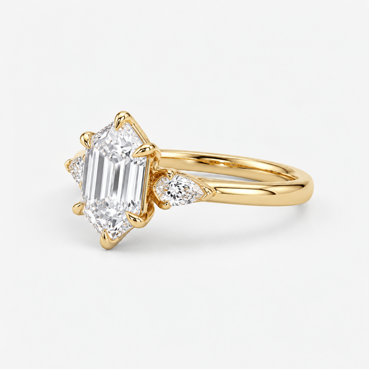 Lab Grown Diamond Elongated Hexagon Cut Three-Stone Pear Side Accent Engagement Ring IGI Certified in 14K Yellow Gold