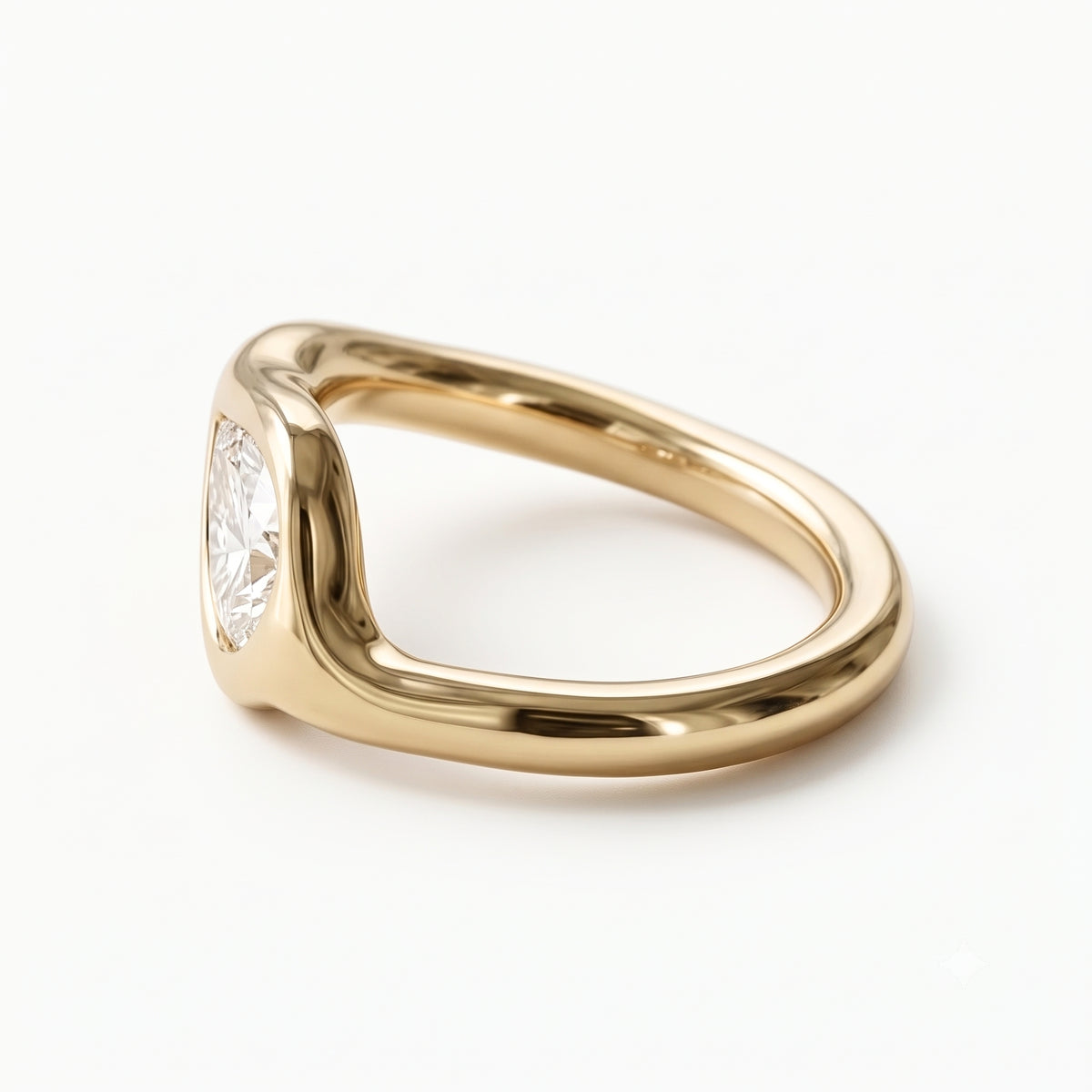 Lab Grown Diamond Pear Cut East-West Organic Wavy Bezel Engagement Ring IGI Certified in 14K Yellow Gold